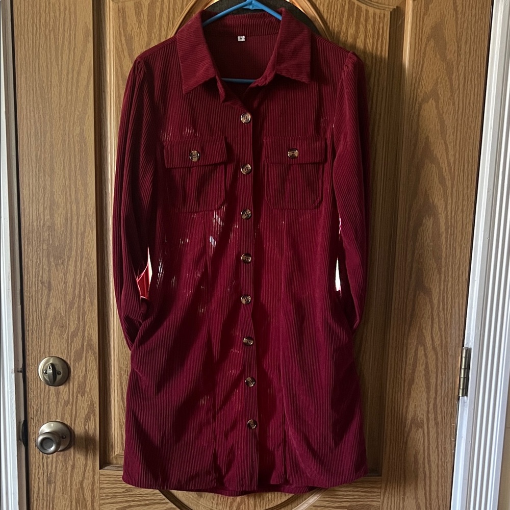 Long Sleeve Button-Front Corduroy Dress in Deep Red - Picture 4 of 4